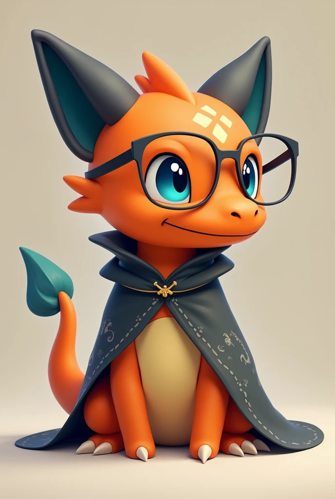 baby charizard with dark gray cat ears, with dexter's robe, glasses and blue eyes