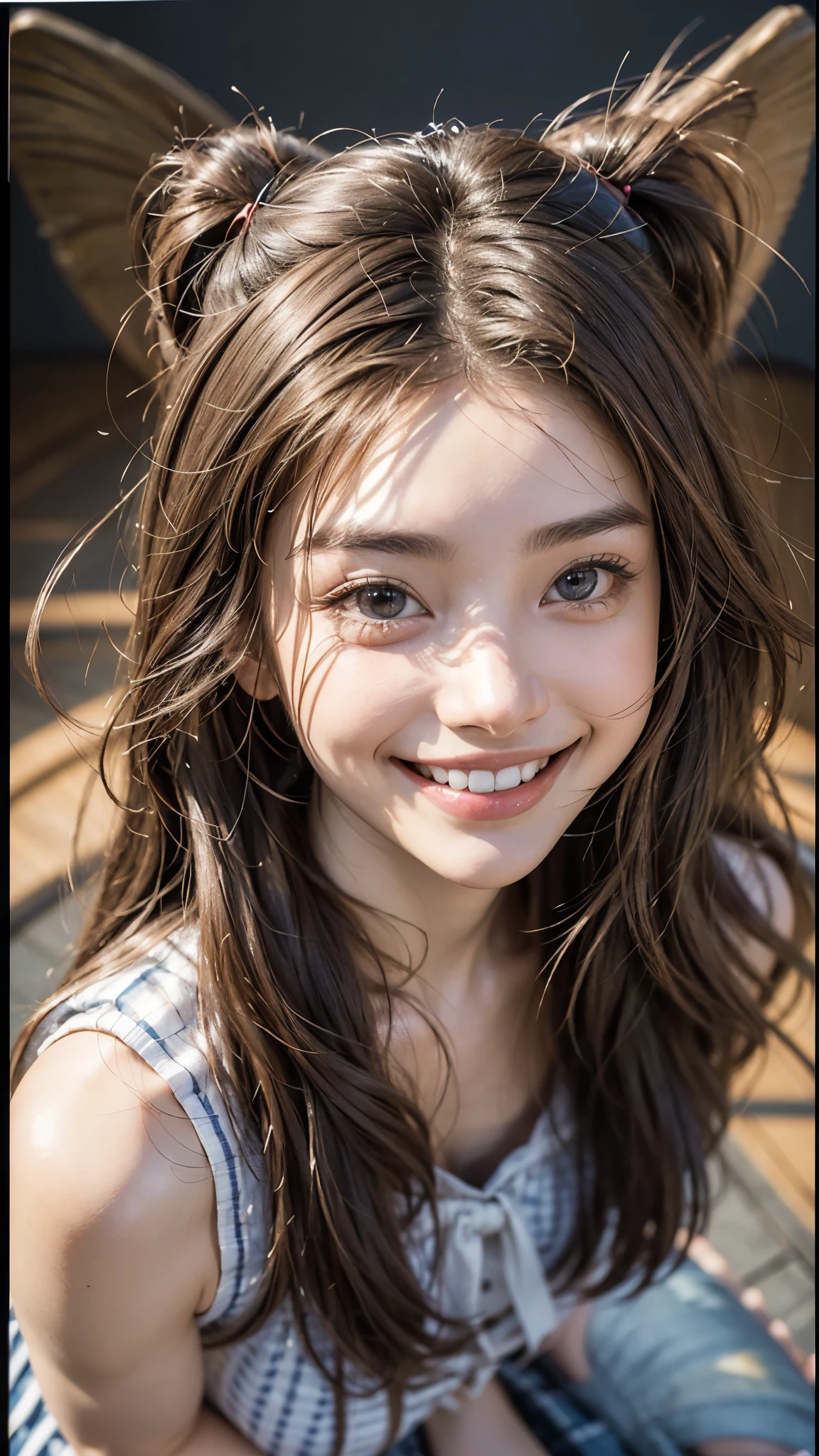 Highest quality, masterpiece, Ultra-high resolution,8k,((Toothy smiling portrait:1.4)), (Realistic:1.6), ((A radiant smile)), RAW Photos,((Stylish patterned sleeveless shirt and pleated mini skirt)),((Soft looking breasts)),((Full body photo)),1 person,Adult Women,2,(Full of smiles:1.6)) ,((Long Hair)),((Ribbon in hair)),((Looking up at the audience)),Face Focus:1.4,((Photographed from above with a fisheye lens:1.15)),