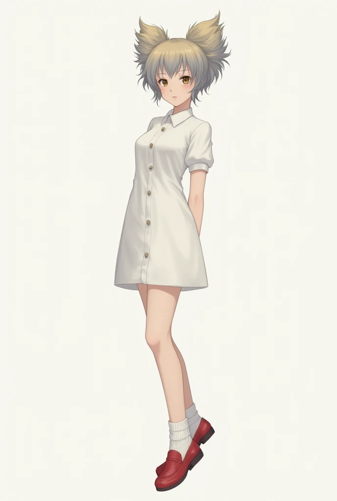 dog、Papillon Personification、スラっとモデル体型で耳はdog耳、She is wearing a white dress that gives off a noble vibe.、Her hair is soft and natural, with blonde on top and a gray gradation on the bottom.、She is wearing loose socks and red loafers.