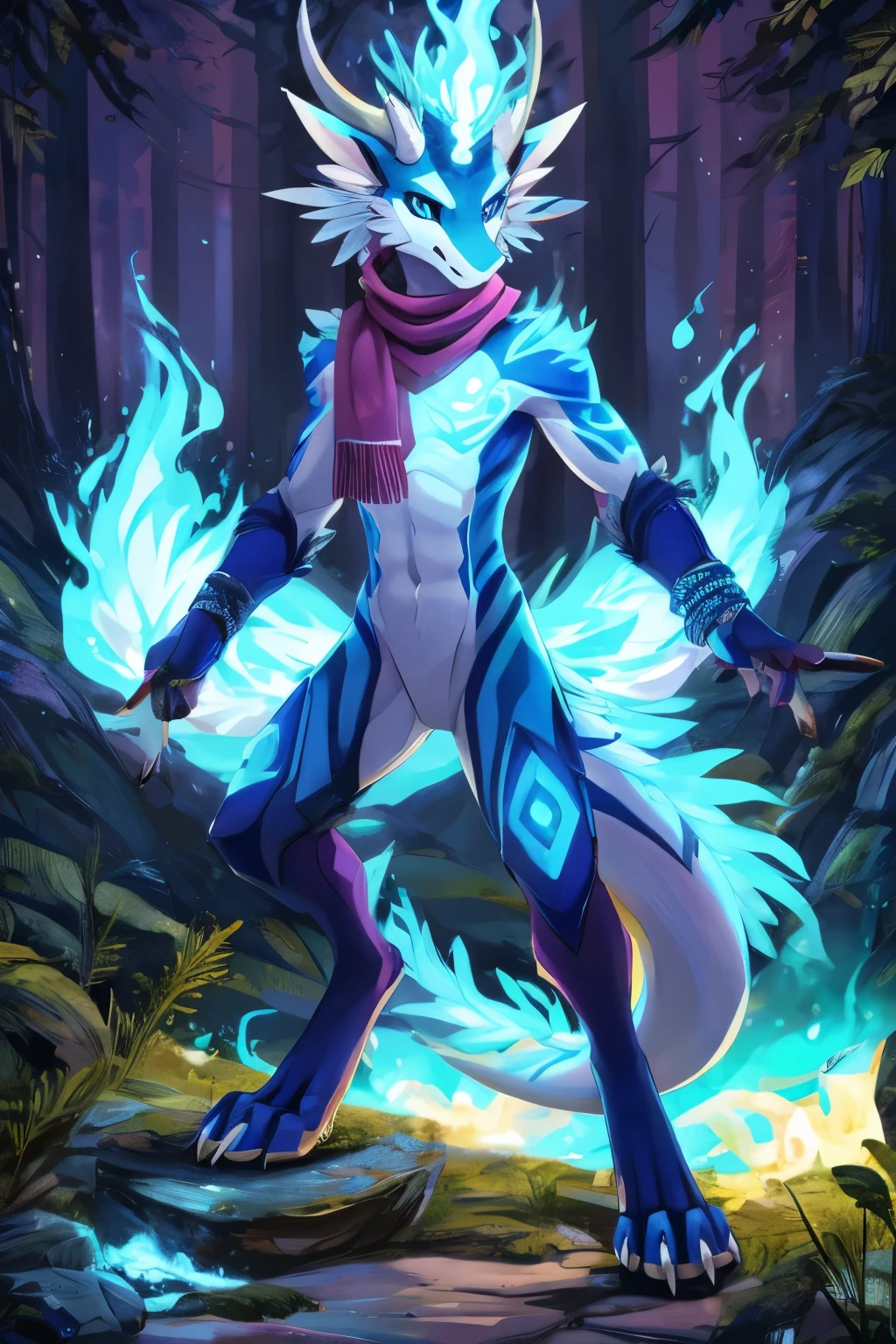 (anime), (front facing), (looking at the camera), slim furry white fire dragon, blue fire magic, secondary body colors, (blue, magenta and cyan undertones), long muzzle, neck and tail fur, digitigrade, creative horns, feathers, (wearing only a scarf), nature background, full body