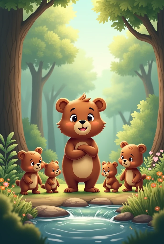 Create a cartoon where a little bear meets his family