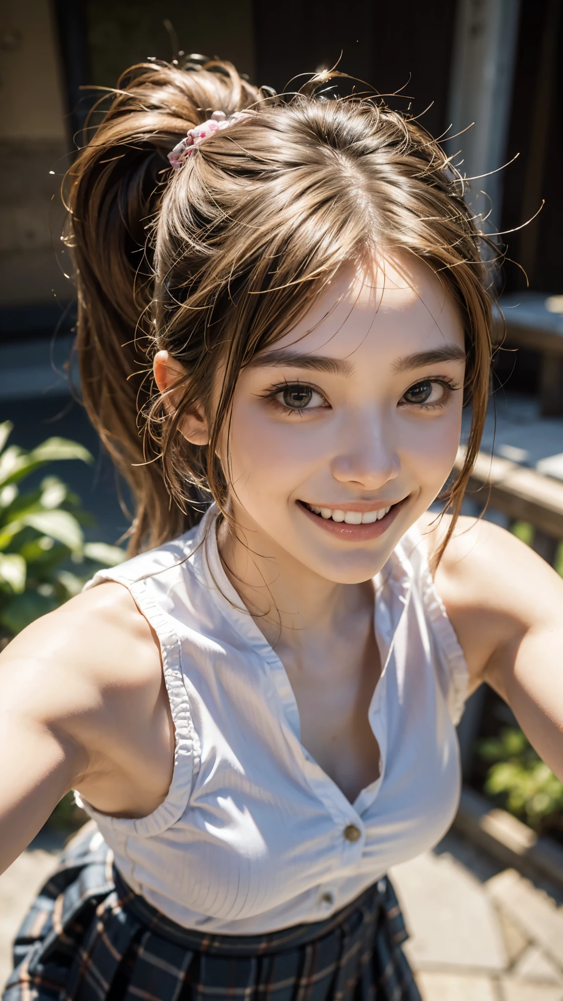 Highest quality, masterpiece, Ultra-high resolution,8k,((Toothy smiling portrait:1.4)), (Realistic:1.6), ((A radiant smile)), RAW Photos,((Stylish patterned sleeveless shirt and pleated mini skirt)),((Soft looking breasts)),((Full body photo)),1 person,2 adult women,(Full of smiles:1.6)) ,((Ponytail and hair tie)),((Ribbon in hair)),((Looking up at the audience)),Face Focus:1.4,((Photographed from above with a fisheye lens:1.15)),