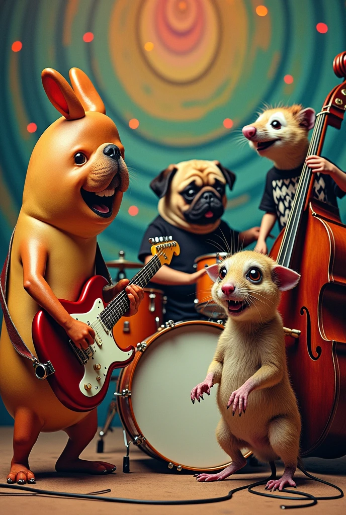 A hot dog playing the electric guitar, a pug playing drums, a nut with reddish-black hair with the bass and a rat with clown makeup and a black shirt with a diamond singing, in the style of a 60s band