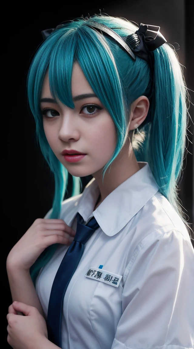Genius cosplayer girl of Hatsune Miku, intricate detail Highly Detailed Eyes, Faded, Japanese high school white sailor suit, White collar shirts, blue tiny tie, white skirt, black arm cover, 16K resolution, RAW, Nikon Z9, Creative, Masterpiece, Fantasy, High Definition, High Quality, 8k, Realistic, Dramatic Lighting, Soft Focus, Digital Illustration, Intricate Mechanics, Advanced Techniques, Dark Background Cinematic, High Contrast, High Contrast Atmosphere, (Best Quality, 4k, 8k, High Definition, Masterpiece: 1. 2), Ultra-Detailed, (Realistic, Graphic, Photorealistic: 1. 4) -- No Glass --AR 16:9 --Stylize 1000