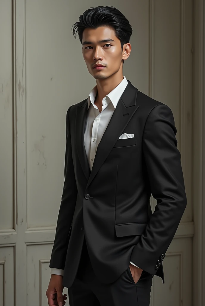 Tall man with black hair, white, Brown eyes, that has a body but not so muscular