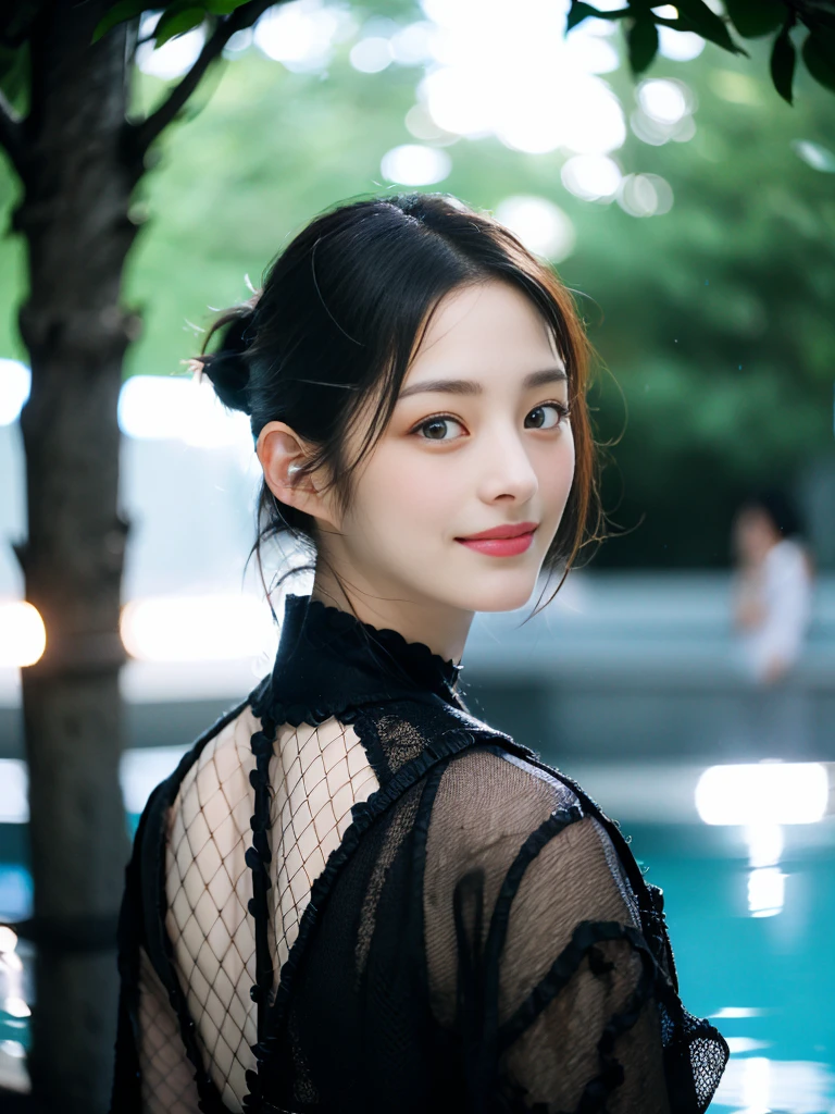 a Close-up portrait of gorgeous smiling cute Japanese woman in a glamorous Fishnet dress outfit, delicate facial features, porcelain-skinned, ponytail, a fusion of young Marion Cotillard's striking eyes and young Anne Hathaway's introspective gaze, long and slender cute face, curved eyebrows, droopy hooded eyes, lower nasal bridge, slim wavy nose, smiling, thin lips, short pixie cut hair, silhouette, bokeh, skylight atrium pool background,  depth of field, photo, film,