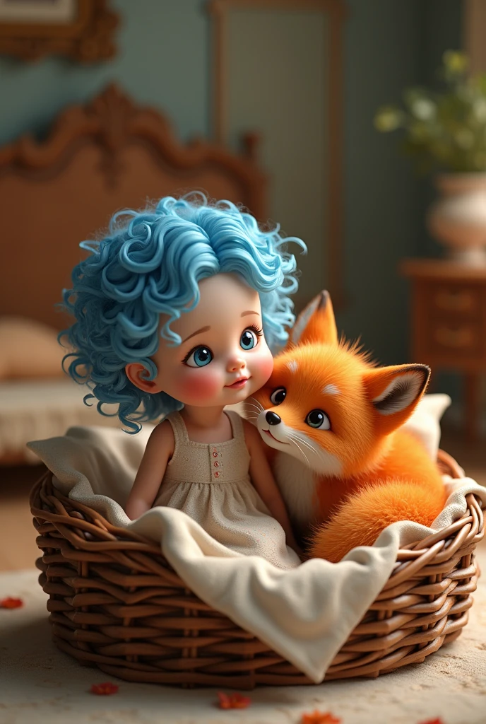 A baby girl with blue curly hair and blue eyes.
Next to an old basket, there is a beautiful orange fox inside.
in a beautiful bed
style 3D