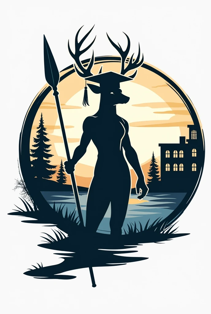 Make a logo that has ,a human with a deer head holding a spear and no clothing , a graduation hat and a diploma and a school in the background and a river , that the logo is circular and eye-catching and with nice colors