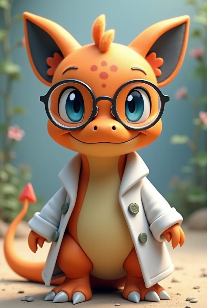 baby charizard with dark gray cat ears, with lab coat, glasses and blue eyes