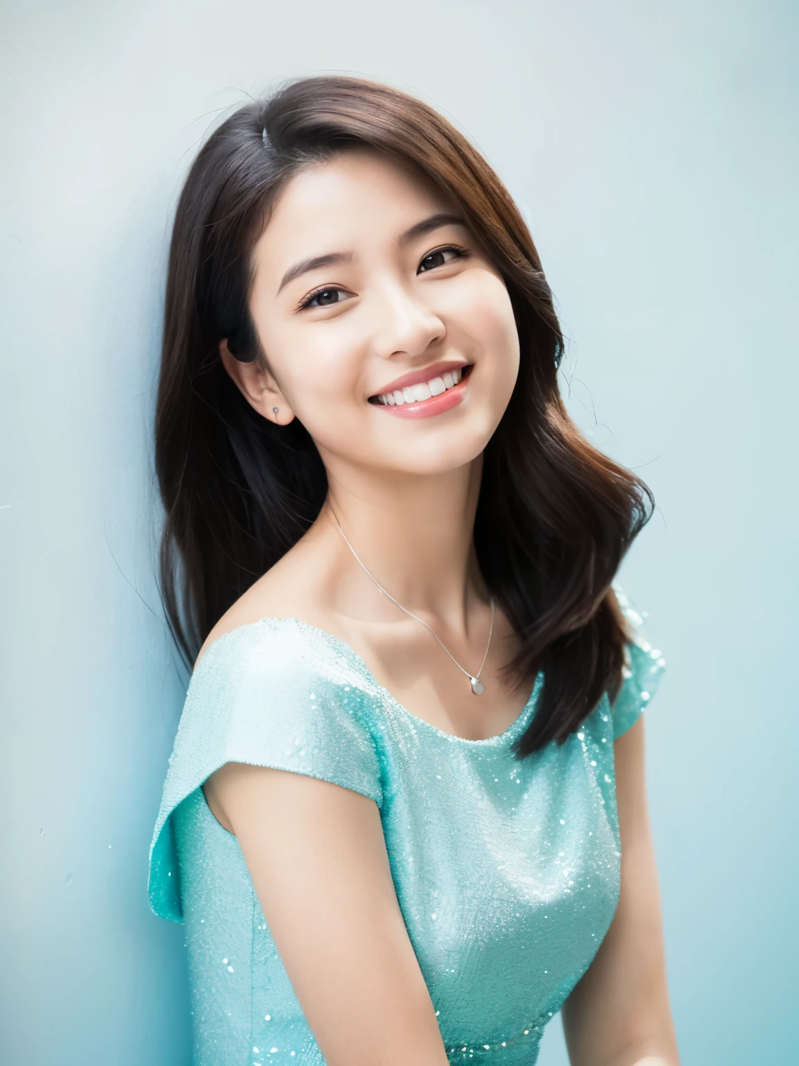 arafed woman leaning against a wall with a smile on her face, in front of white back drop, photoshoot portrait, portrait photo of a backdrop, light blue dress portrait, mid shot portrait, pokimane, taken with canon eos 5 d mark iv, a young asian woman, head and shoulders photography, photoshoot, cindy avelino, 60mm portrait