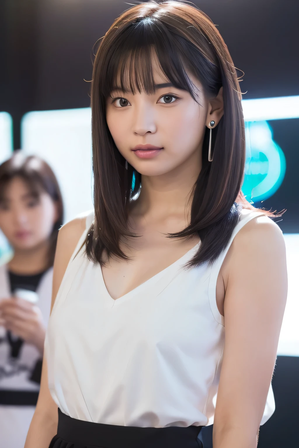 (Highest quality:1.4),(masterpiece:1.4),(Realistic:1.4),(Realistic:1.2),(超High resolution, RAW Photos:1.4),(High resolution, Very detailed:1.2),(8k:1.2),View your audience,Cinematography,One person,skeletally correct,Black-haired woman,Woman in her early 20s,(Small earrings),Grid Girls、Beautiful clavicle