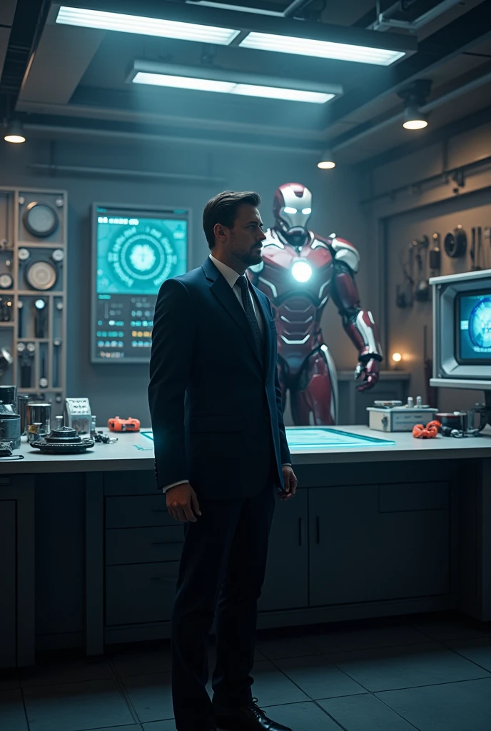 A darkened lab, with Tony Stark standing confidently in front of a sleek, futuristic workbench. The Mark 50 armor is displayed behind him, its repulsor technology glowing softly.