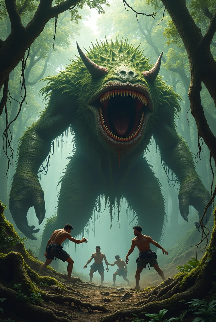 A giant carnivorous plant in the middle of a forest, full of thorns and with their roots, attacking the men near her