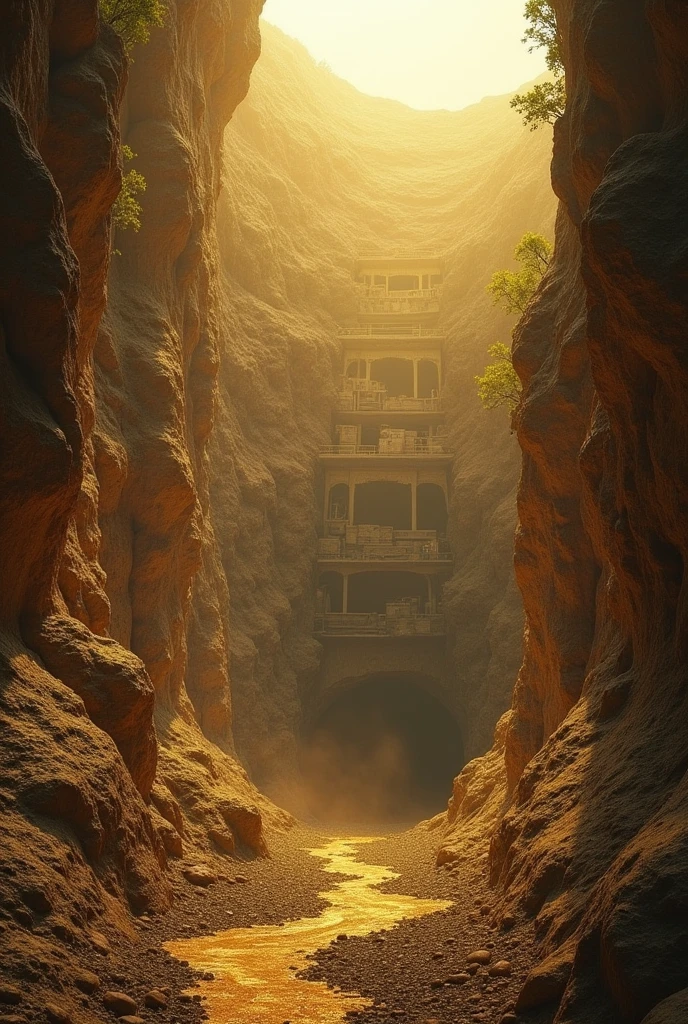 A scene of a gold mine with no one in it, looking down 75 degrees,No car,1920×1920
