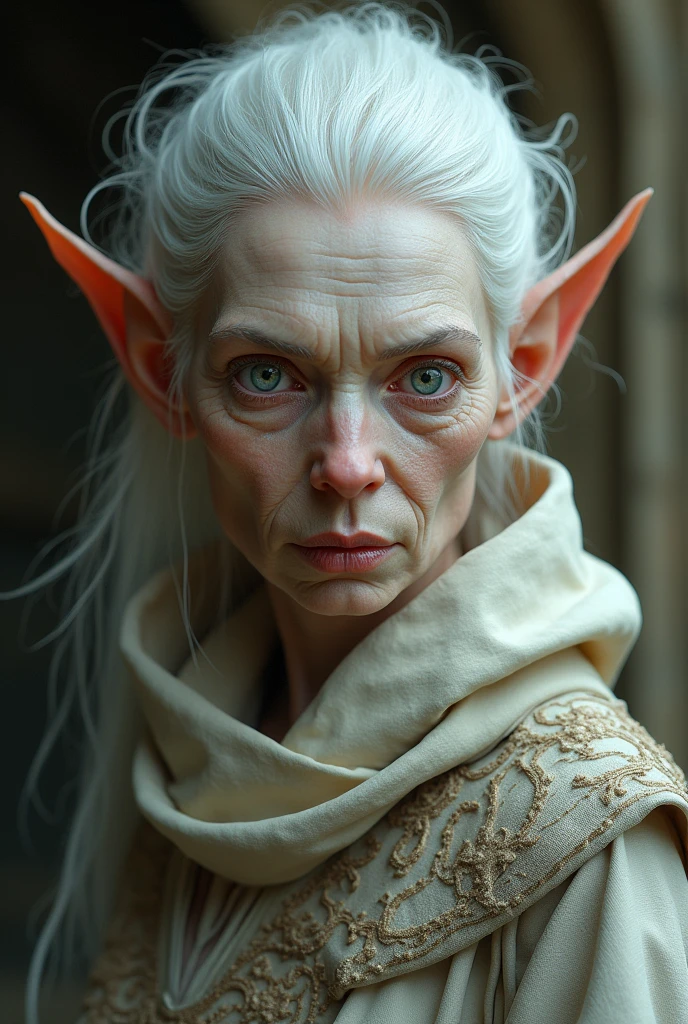 portraite, Albino Elf, eye white, old woman, realistic medieval style HD 4K