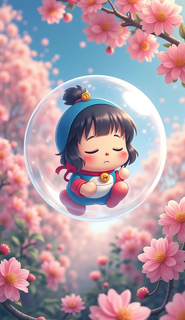 dora dora floating in a bubble surrounded by pink flowers, doraemon, japanese cartoon style, cute detailed digital art, 中 元 节, 🚿🗝📝, anime wallpaper 4k, anime wallpaper 4 k, anime art wallpaper 4k, anime art wallpaper 4 k, cute digital art, trending anime artwork, anime cover