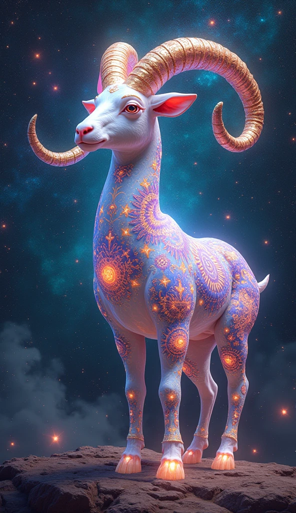 A shimmering Capricorn zodiac goat, its shell adorned with a cosmic mandala in the background, bursts with vibrant hues. The intricate design of the galaxy mandala adds a celestial touch to the scene. This detailed and mesmerizing painting captures the essence of the zodiac sign with vivid colors and intricate details. The image radiates a sense of mystical beauty and high artistic quality, drawing viewers into the enchanting world of astrology and cosmic symbolism.
