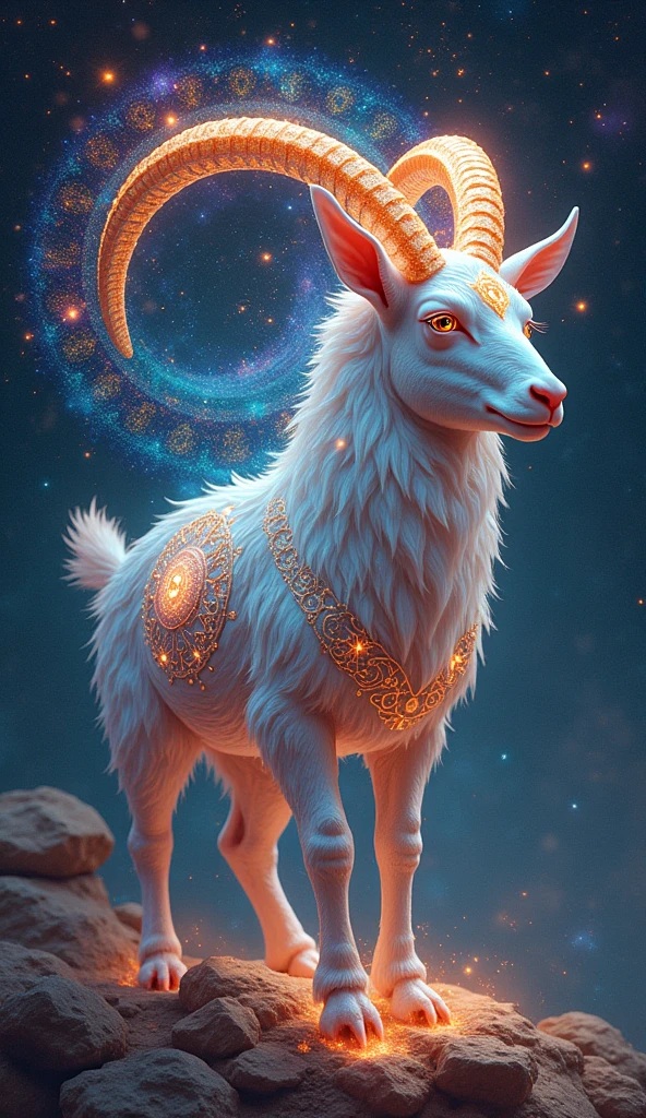 A shimmering Capricorn zodiac goat, its shell adorned with a cosmic mandala in the background, bursts with vibrant hues. The intricate design of the galaxy mandala adds a celestial touch to the scene. This detailed and mesmerizing painting captures the essence of the zodiac sign with vivid colors and intricate details. The image radiates a sense of mystical beauty and high artistic quality, drawing viewers into the enchanting world of astrology and cosmic symbolism.