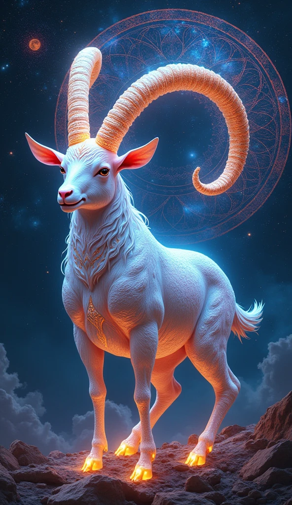 A shimmering Capricorn zodiac goat, its shell adorned with a cosmic mandala in the background, bursts with vibrant hues. The intricate design of the galaxy mandala adds a celestial touch to the scene. This detailed and mesmerizing painting captures the essence of the zodiac sign with vivid colors and intricate details. The image radiates a sense of mystical beauty and high artistic quality, drawing viewers into the enchanting world of astrology and cosmic symbolism.