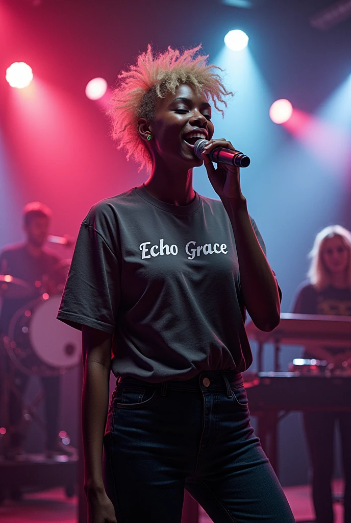(good quality, : 1.3), black female singer singing techno rock, yelling: 1, lights: 1.5, hair stuck, hair blonde: 1.3, (holding microphone: 1.2), Shirt with Echo Grace written on it, comely, rot, Face ultra detailed, band playing keyboard and drums in the back detailed, praising God, feeling the presence of God.