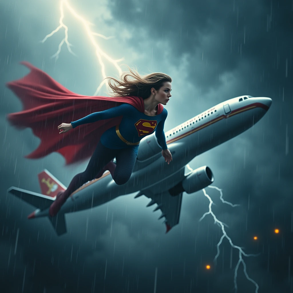 Supergirl protects a plane flying through a typhoon