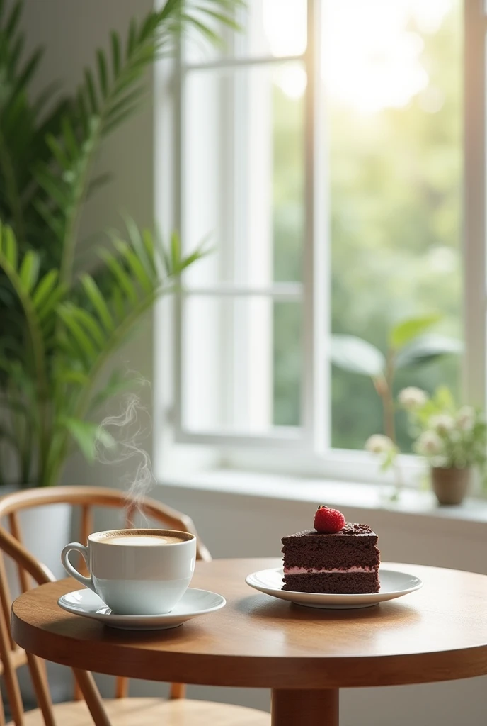 Image of a latte and a chocolate cake on elegant white ceramic tableware, on a wooden table in a white restaurant decorated with green plants and overlooking a natural exterior.
