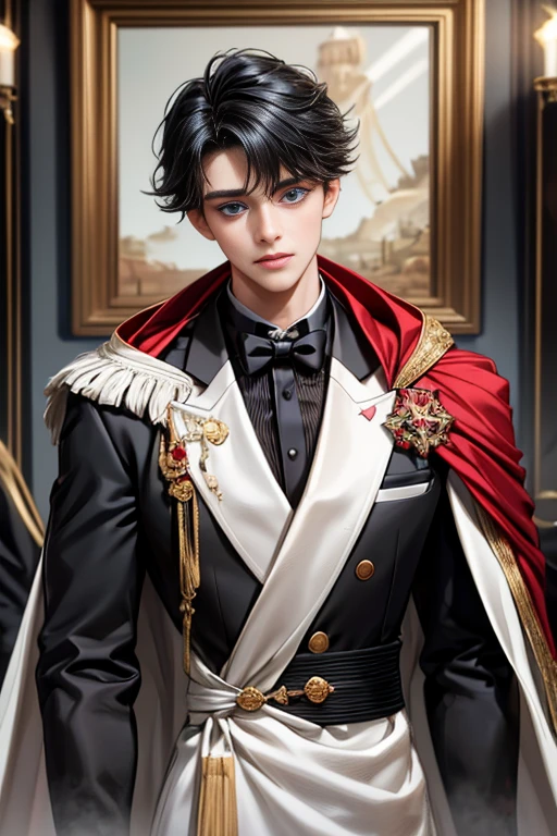 masterpiece, 最high quality, high quality, 1 boy, alone, Male focus, Upper Body,Watching the audience, Messy black hair, Adorable big blue eyes, White, Noble, Noble,A black and red cape that is bursting with sexy volume、Tuxedo、A very voluminous, large, very large, very large, long, long red and black cape with a high stand-up collar, made of a lot of fabric that reaches down to the floor., ,cute beautiful,Cute, cute, kind, handsome guy