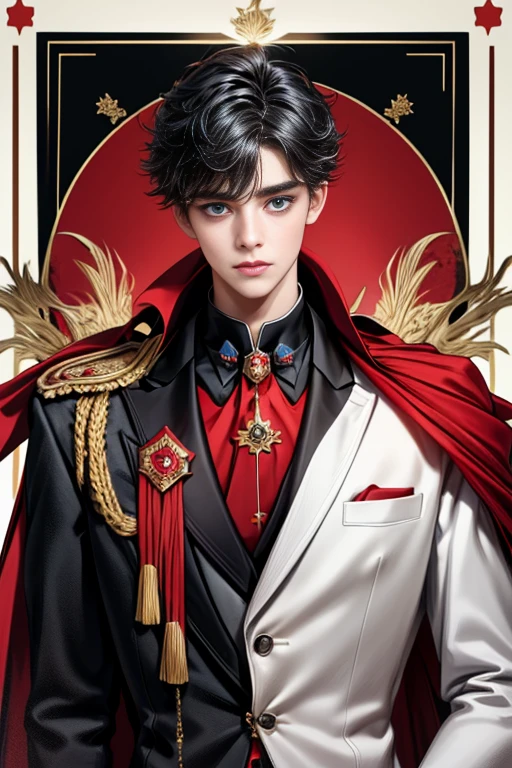 masterpiece, 最high quality, high quality, 1 boy, alone, Male focus, Upper Body,Watching the audience, Messy black hair, Adorable big blue eyes, White, Noble, Noble,A black and red cape that is bursting with sexy volume、Tuxedo、A very voluminous, large, very large, very large, long, long red and black cape with a high stand-up collar, made of a lot of fabric that reaches down to the floor., ,cute beautiful,Cute, cute, kind, handsome guy