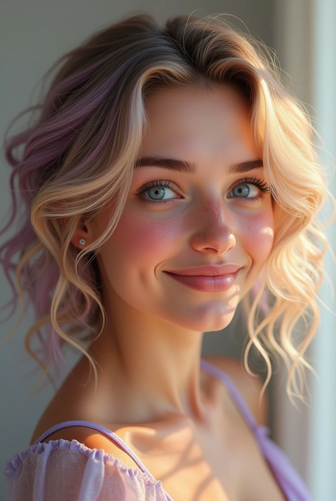 Very realistic young woman, blonde curly hair with violet tips, skin fair, blue colored eyes. Your expression is happy.