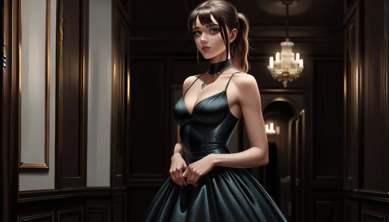 1 person, Caucasian female, 30 years old, slim waist, very tiny breasts, medium thighs, small stomach, beautiful black ball gown, Brunette, ponytail with split bangs, detailed face:1.5, diamond necklace, dark green eyes, elegantly standing, perfect face:1.5, 4k, ultra realistic
