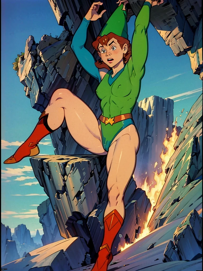 a redhead cartoon character, wonder woman outfit, green leotard, very muscular, male wizard, 1980s cartoon, animated episode still, Presto (((mad))), ((Wears a wizard hat))