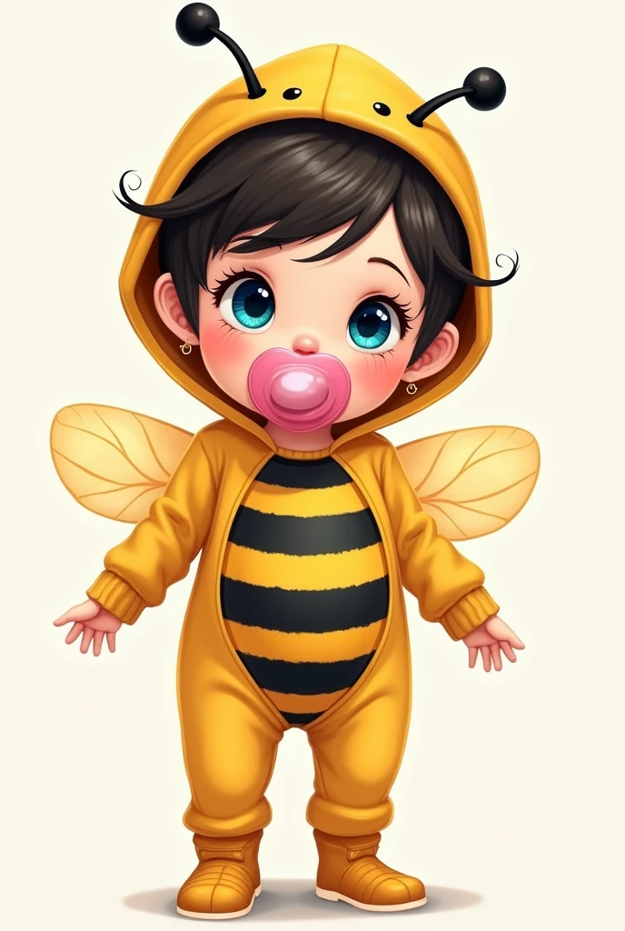 Baby girl with bee bodysuit with pink pacifier, Whole body, blue eyes, dark hair and little in drawing