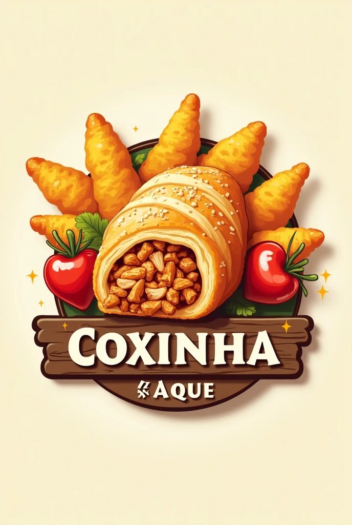Make me a logo to promote sales of coxinha and savory snacks and leave a space where I can put the names of the snacks as if it were a menu..