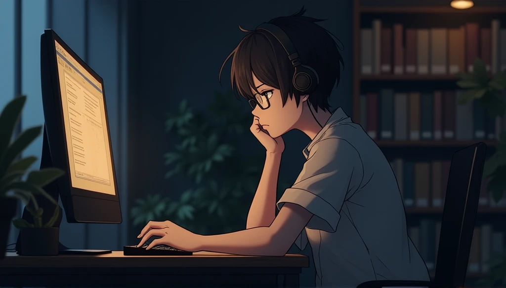 (Highest quality, 4K, High resolution, Master Parts: 1.2), Anime boy with glasses and headphones using a computer in a library,Boy in front of a computer, Looking into the camera, Sad expression, Barbarian, short hair, Professional, office lighting, Hand on chin , Computer screen reflection, Monochromatic color palette, Deep Shadow,Ghibli-style anime scene
