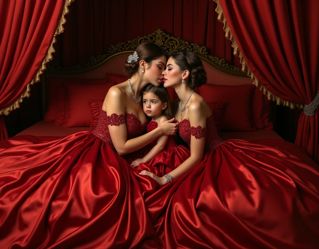 highest quality, masterpiece, highest resolution, artwork, super それにget used to it, many get used to it, get used to it, それにget used to it,((top view angle shows crimson satin silk mattress)),love,romantic,three persons,two woman with jewellry kissing each of their partners and their daughter lying down between them,((crimson satin elegant dresses with a large and long skirt surrounding and covering the mattress like a satin blanket)),crimson satin evening dresses,((Gorgeous goddess rococo robe satin dress with voluminous full-length hoop skirt)),long sleeve,long dress,A dress with full silk fabric...,luxury,((Palace full crimson satin bedroom)),((big and long crimson satin bed)),Frilled silk crimson bedspread,many pillows on the bed,satin pillow with frills,((Two women kissed each other while lying wrapped their daughter in crimson satin dresses on the big and long size bed)),luxurious ruffled crimson curtains