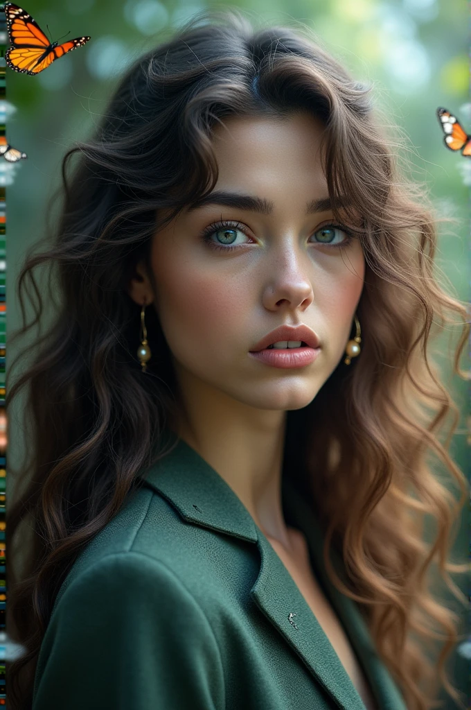 Lovely brunette with extremely long curly hair and piercing blue eyes, the pale and delicate face, fine and detailed features. A heart-shaped mouth and an Alexander McQueen pantsuit. Un fond fantastique merveilleux avec des papillons et du bokeh