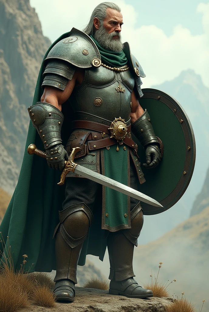 Warrior with green shield on his back