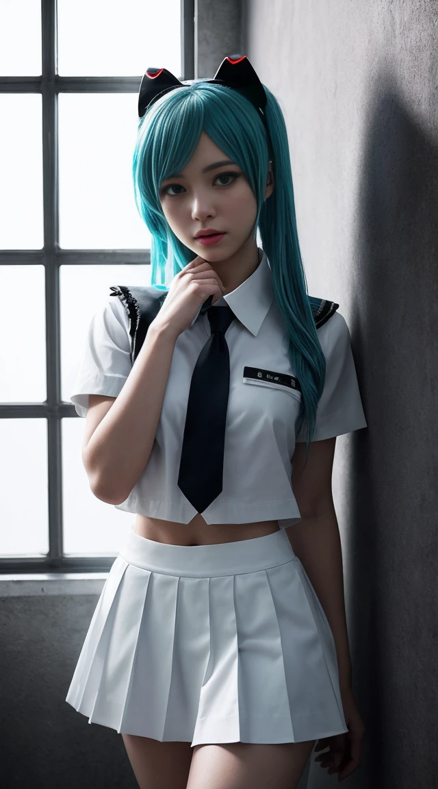 Genius cosplayer girl of Hatsune Miku, intricate detail Highly Detailed Eyes, Faded, Japanese high school white sailor suit, White collar shirts, blue tiny tie, white skirt, black arm cover, 16K resolution, RAW, Nikon Z9, Creative, Masterpiece, Fantasy, High Definition, High Quality, 8k, Realistic, Dramatic Lighting, Soft Focus, Digital Illustration, Intricate Mechanics, Advanced Techniques, Dark Background Cinematic, High Contrast, High Contrast Atmosphere, (Best Quality, 4k, 8k, High Definition, Masterpiece: 1. 2), Ultra-Detailed, (Realistic, Graphic, Photorealistic: 1. 4) -- No Glass --AR 16:9 --Stylize 1000