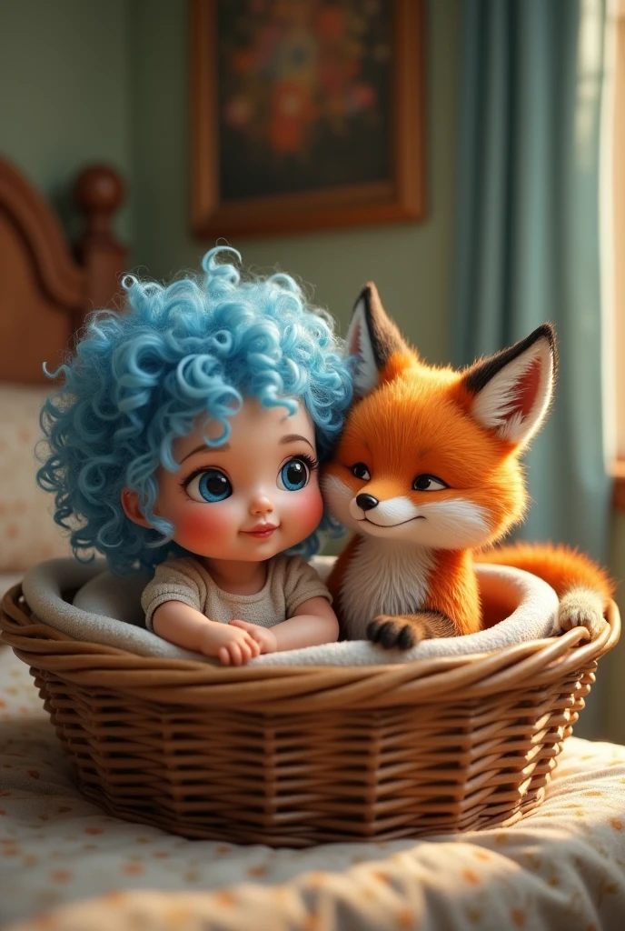A baby girl with blue curly hair and blue eyes.
Next to an old basket, there is a beautiful orange fox inside.
in a beautiful bed
style 3D