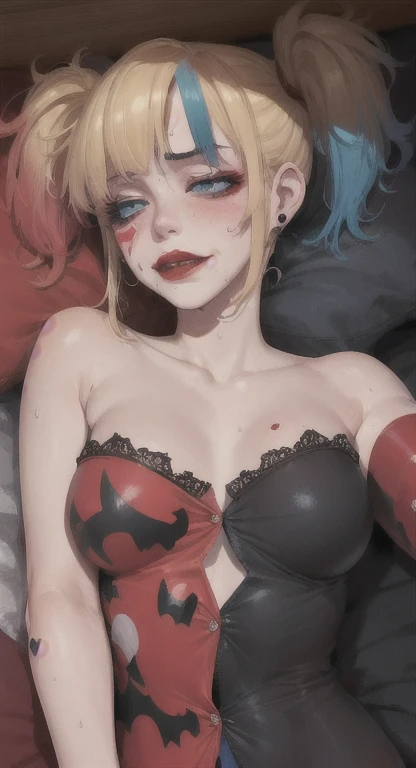 (best quality). (Ultra Detalhado). (1girl), Olhando para o Viewer. (Antecedentes detalhados). belos olhos detalhados. rosto delicado e bonito. (high saturation), seios grandes, droopy breasts, sexy Harley Quinn costume, full body, long legs, big breasts,
