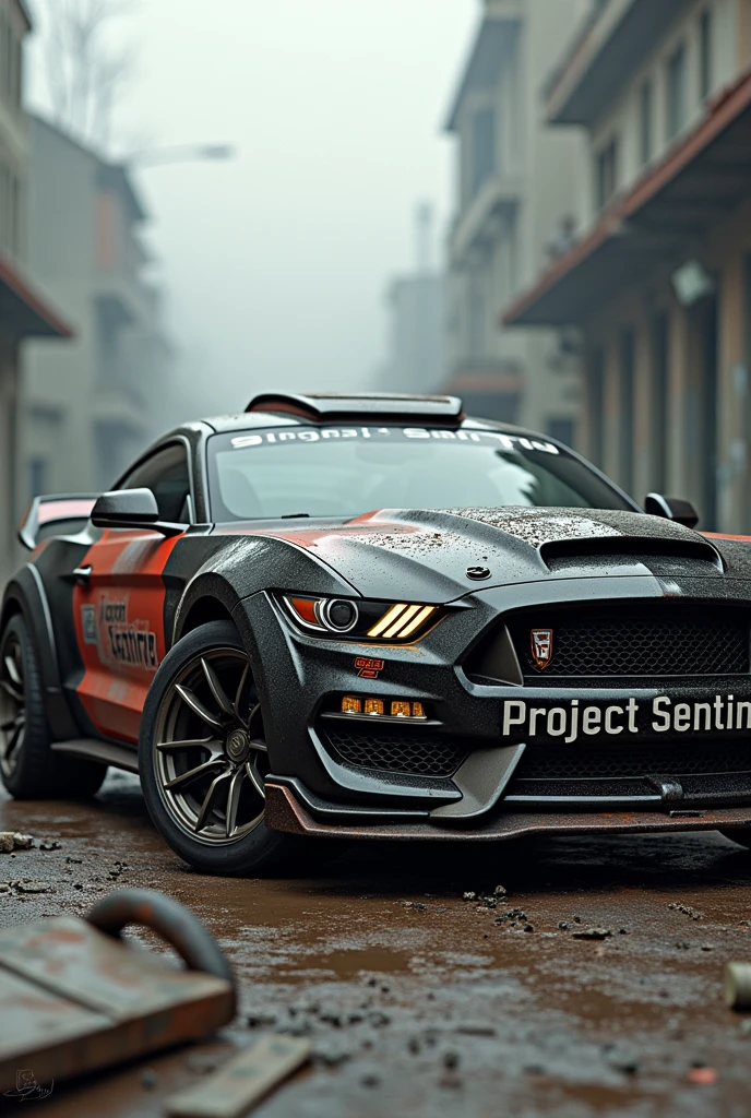 Create the letters "Project Sentinel" a ford mustang gt 500 end of the world style