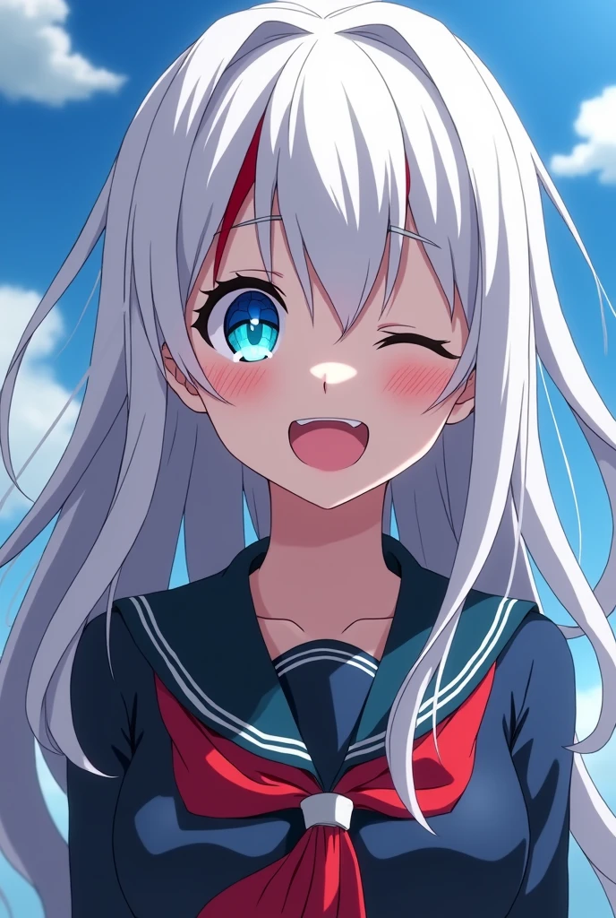 Screenshot of my hero academia.
Girl with long white straight hair, with red bangs and has phosphorescent blue eyes and is happy, He is wearing the UA uniform.