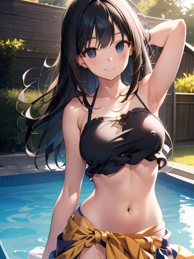 Girl, cute, adorable, (smiling:1.5), straight hair, long hair, (black hair:1.3), full breasts, standing, (right arm up behind:1.2), (shows armpit:1.2), (left　arm Lower waist:1.2), Swayback stance, looking at the camera, From the front, from thighs to head, pool, daylight,(Sarong-pass:1.5)