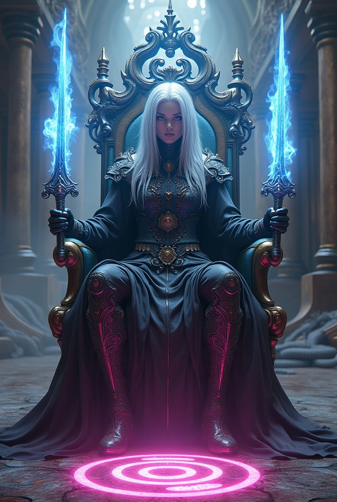 Surreal Very detailed Ultra Fantasy Ultimate Details Ultra-high resolution 8K 32k 3D Clear Eyes Silver Hair Sit on a chair 、In each hand he holds a gorgeous, uniquely designed sword with pale blue flames of mysterious energy emanating from it.. assassin A demonic anaconda spits flames and wraps around both shoulders mechanical engineering Mechanic Art . intricate and elaborate design, おMoney, Money Silver Silver Red Black-purple Dynamic pose Cinema Lighting Magical spell aura Sit on a chair Pink magic circle design big, luxurious amulet made of Money Bright colors girl A gorgeous and mysterious magician Gorgeous, Mysterious and cool tiara The ultimate mysterious design Satanism Demonic rainbow armor Mysterious demonic chair textured armor girl Breaking the Magic Seal 足元にキラキラ輝くbigきな蓋の開いた宝石箱を置く宝石が宝石箱から溢れ出る