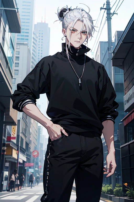 Anime man gradient young white hair low on shaved sides turns hair bun to the left side in the middle serious face with black earrings black sweatshirt Speed jeans futuristic clothes black dark circles under his eyes big black hair big brown hair extremely futuristic clothes futuristic clothes futuristic sweatshirt black skinny jeans male