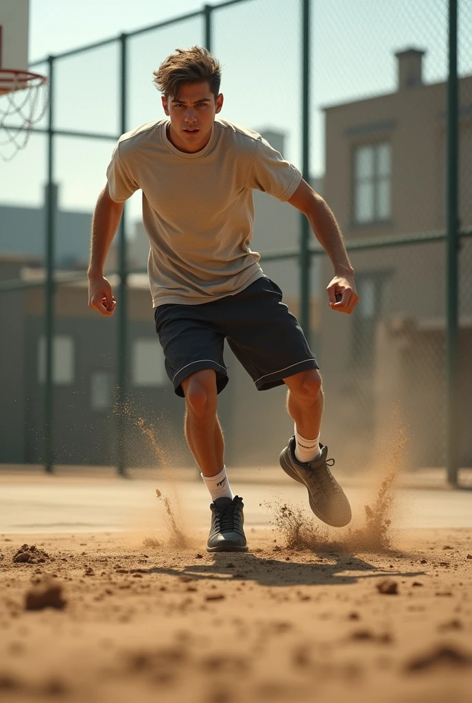 Image of a young man on a dirt court getting up after falling