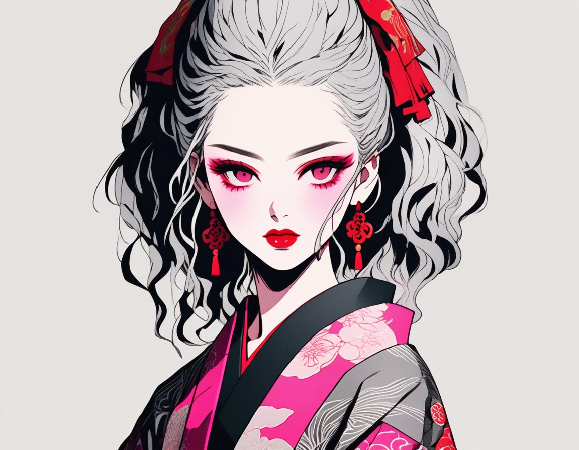 (Highest quality, sketch:1.2),Authenticistic,Illustrator,anime,1 girl, Detailed lips,custom,,Neon Hair,Texture Clipping,masterpiece, style: Retro Classic, Dark Black、Gray Hair、Silver Hair、Fair skin、Pink lips、Kimono with tank top、Red eyeshadow、Super Beauty、beautiful