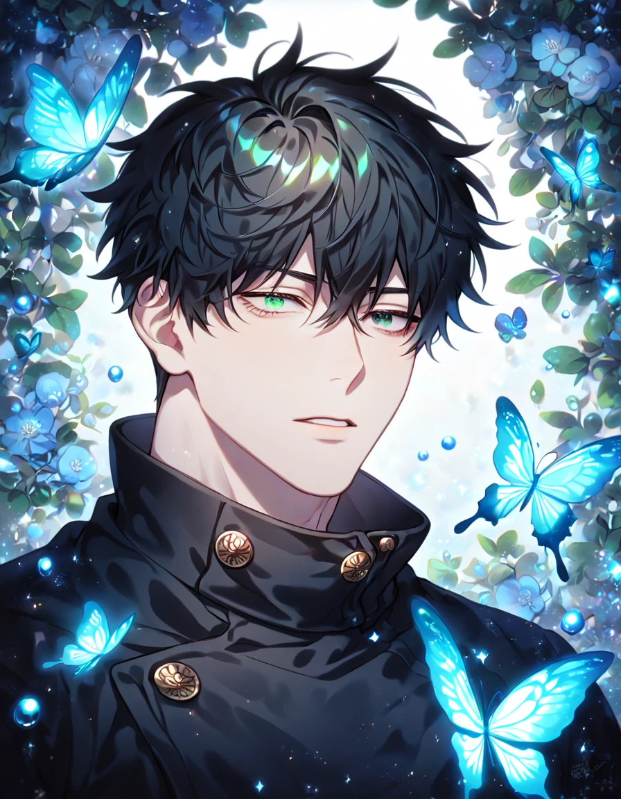 absurdres, highres, ultra detailed, HDR) master piece, best quality, extremely detailed, detailed eyes, detailed face, delicated features, Kang Woojin, black hair, messy hair, heterochromia, expressive right eye red, expressive left green eye, hair between the eyes, Love Jinx, solo, sexy man, handsome, manly man, sensual, adult face, jujutsu Kaisen uniform, black uniform, high collar, black gloves, fantasy, magical, glittering, water, blue flames, blue moon, blue flowers, blue butterflies, garden, Jujutsu Kaisen