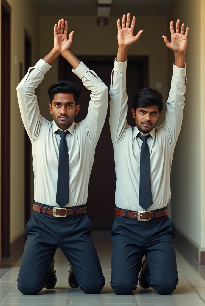 Two 19year indian boys wearing shirt long sleeve with tie and fashionable buckle belt is kneeling straight in the near the principal's office door his hands raised straight high up above his head with tired looking