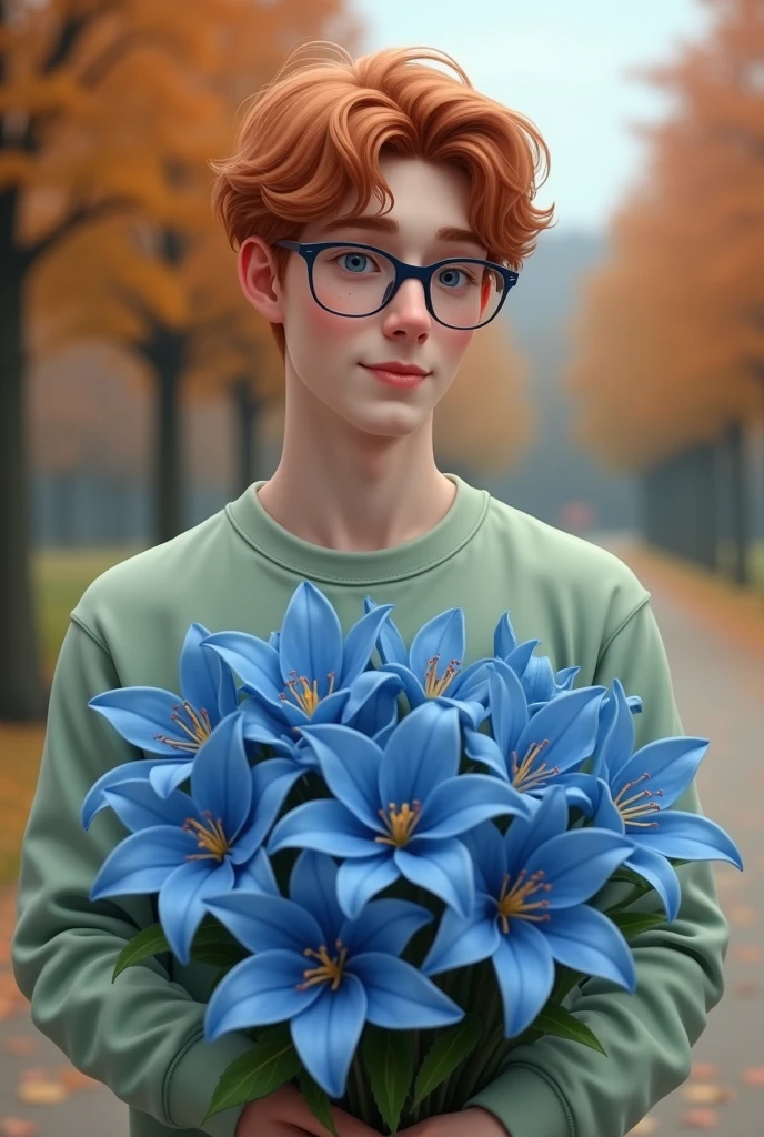 Create a realistic image of a white man with a cute face, with reddish and wavy hair, with glasses and pale green sweatshirt, holding a bouquet of blue lilies, with a background of a park in autumn, with no one around